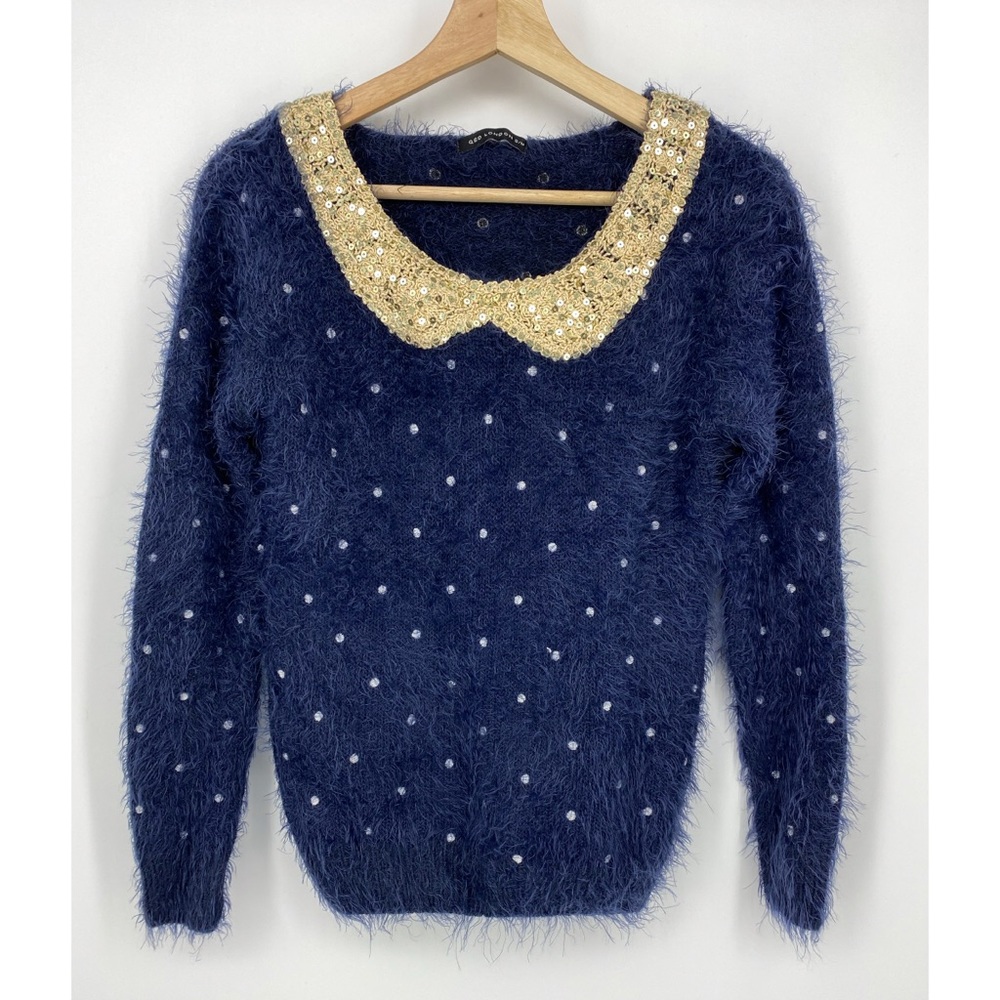 QED London Blue Gold Polka Dot Eyelash Sequin Collar Eyelash Sweater